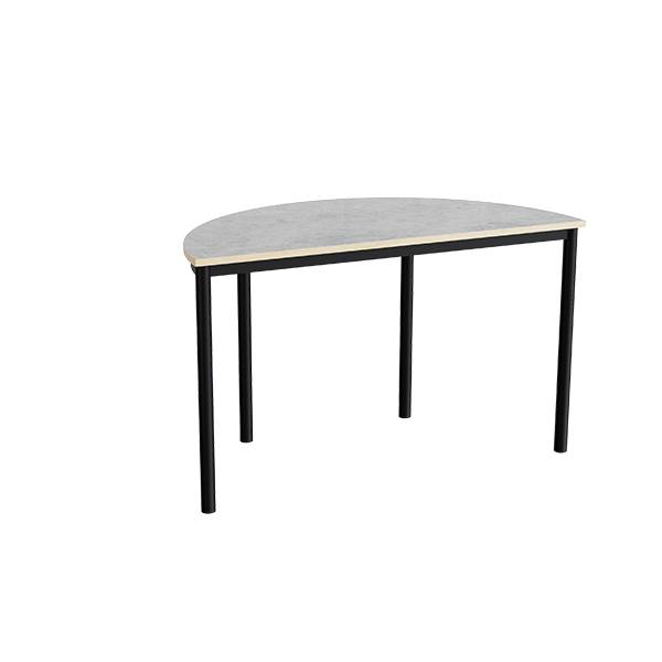 Halvrundt elevbord 120x60cm i lys gr&aring; linoleum med sort stel, h&oslash;jde 72cm