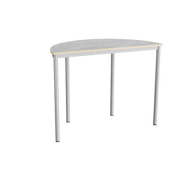 Halvrundt elevbord 120x60cm i lys gr&aring; linoleum med alugr&aring;t stel, h&oslash;jde 90cm