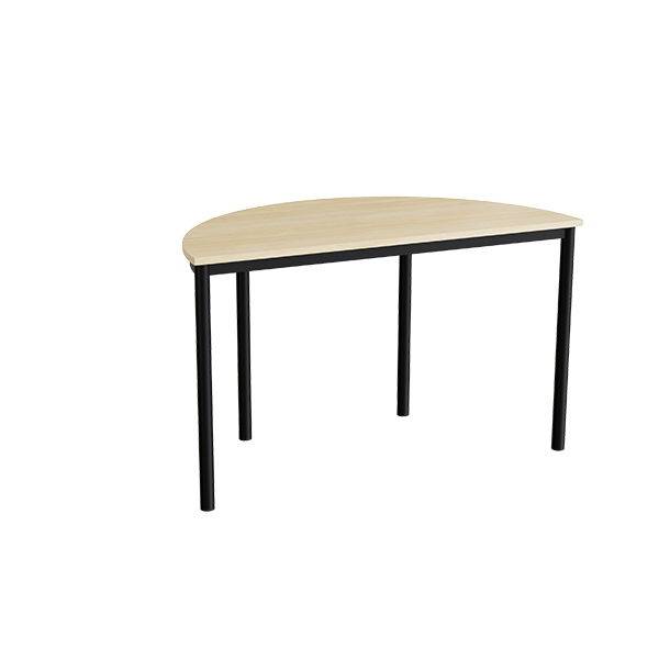 Halvrundt elevbord 120x60cm i lydd&aelig;mpende birk laminat med sort stel, h&oslash;jde 72cm