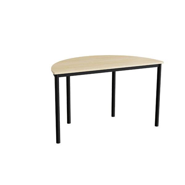 Halvrundt elevbord 120x60cm i lydd&aelig;mpende birk laminat med sort stel, h&oslash;jde 72cm