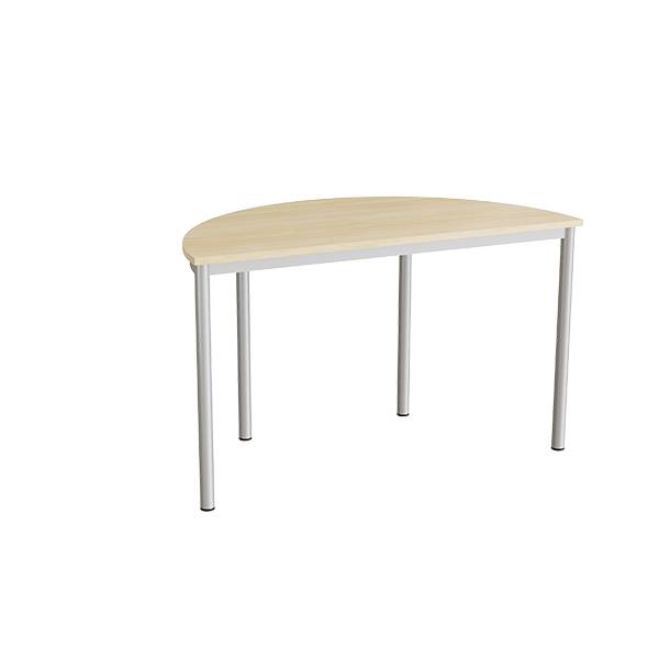 Halvrundt elevbord 120x60cm i lydd&aelig;mpende birk laminat med alugr&aring;t stel, h&oslash;jde 72cm