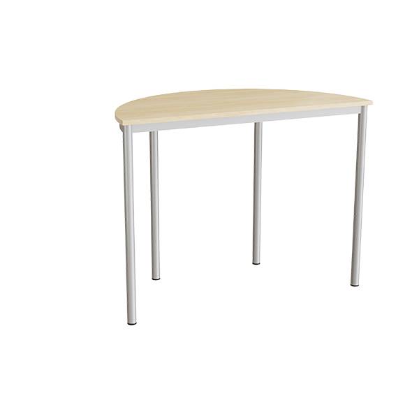 Halvrundt elevbord 120x60cm i lydd&aelig;mpende birk laminat med alugr&aring;t stel, h&oslash;jde 90cm
