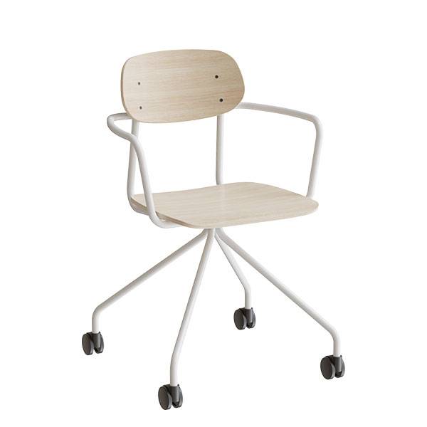 Atlas elevstol p&aring; hjul med arml&aelig;n hvid egelaminat med hvidt stel