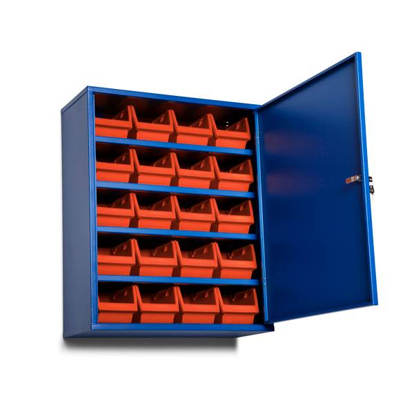 Lagerskab med 4 hylder og 20 røde lagerkasser 800x660x275mm