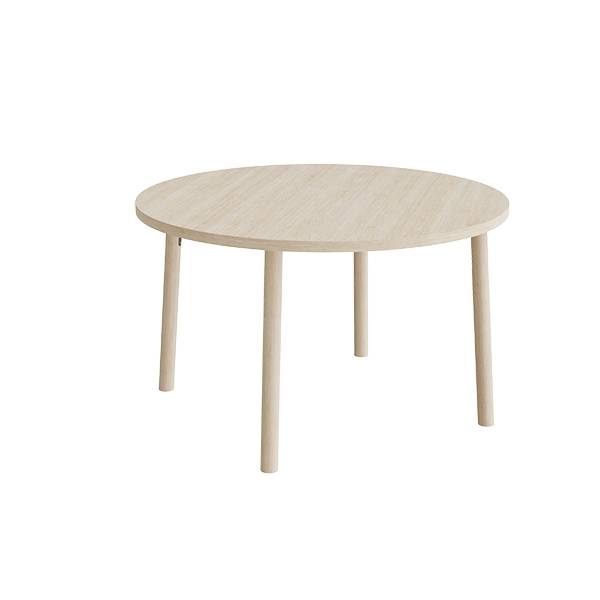 Rundt b&oslash;rnebord &Oslash;120cm i hvidpigmenteret eg laminat med tr&aelig;ben, h&oslash;jde 72cm
