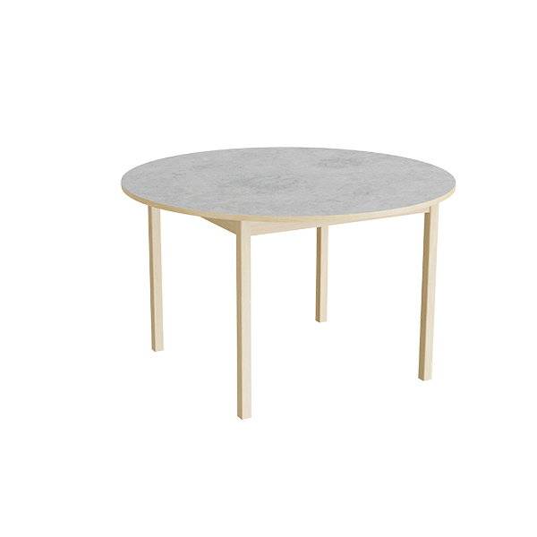 Rundt elevbord &Oslash;120cm i lydd&aelig;mpende lys gr&aring; linoleum med massive birk ben, h&oslash;jde 72cm 
