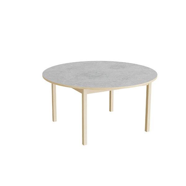 Rundt elevbord &Oslash;120cm i lydd&aelig;mpende lys gr&aring; linoleum med massive birk ben, h&oslash;jde 60cm