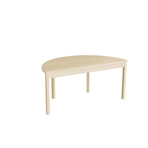 Halvrundt elevbord 120x60cm i birk laminat med massive birk ben, h&oslash;jde 55cm