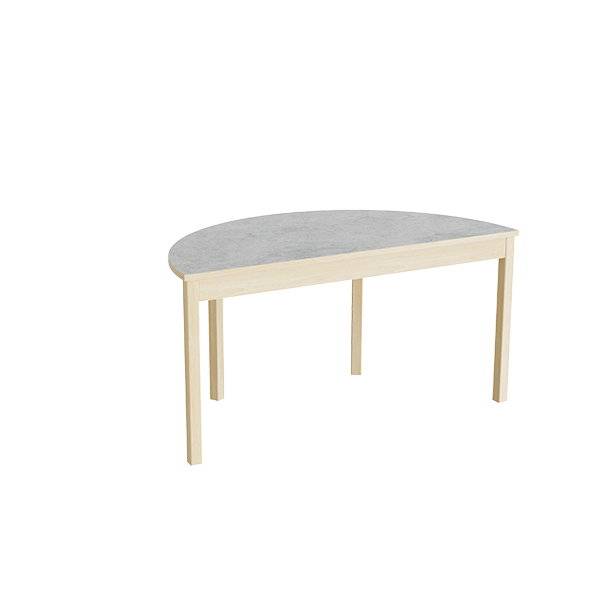 Halvrundt elevbord 120x60cm i lydd&aelig;mpende lys gr&aring; linoleum med massive birk ben, h&oslash;jde 55cm