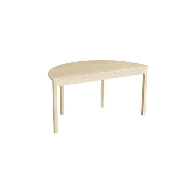 Halvrundt elevbord 120x60cm i lydd&aelig;mpende birk laminat med massive birk ben, h&oslash;jde 60cm