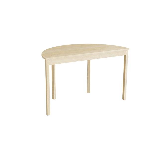 Halvrundt elevbord 120x60cm i lydd&aelig;mpende birk laminat med massive birk ben, h&oslash;jde 72cm