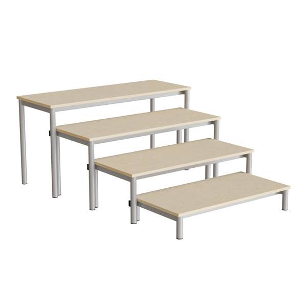 Idol b&aelig;nk med 4 trappe sektioner i beige linoleum og alugr&aring;t stel 