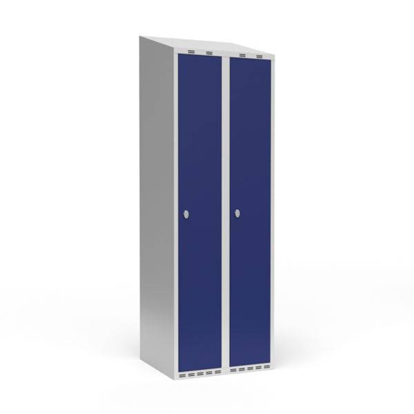 Garderobeskab 2x300mm med skr&aring;t tag, d&oslash;re i bl&aring; med greb til h&aelig;ngel&aring;se