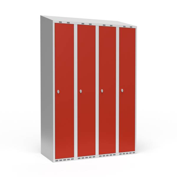 Garderobeskab 4x300mm med skråt tag, døre i rød med greb til hængelåse