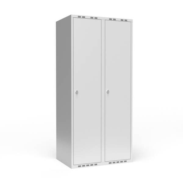 Garderobeskab 2x400mm med lige tag, d&oslash;re i lys gr&aring; med greb til h&aelig;ngel&aring;se