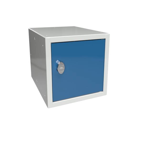 Opbevaringsboks med greb til h&aelig;ngel&aring;s 27x27x35cm bl&aring; st&aring;ld&oslash;r