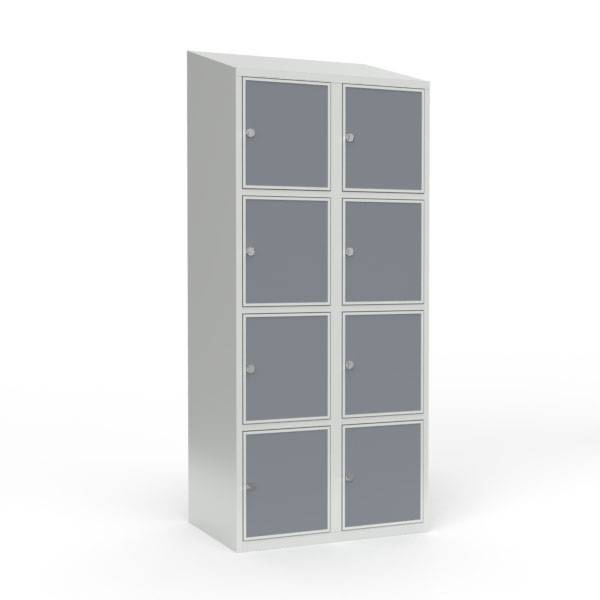Skoleskab 80x55x190cm, 8 rum, skråt tag, grå døre, hængelåse