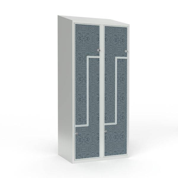 Skoleskab 80x55x190cm, 4 rum, skr&aring;t tag, sorte Z-d&oslash;re, h&aelig;ngel&aring;se