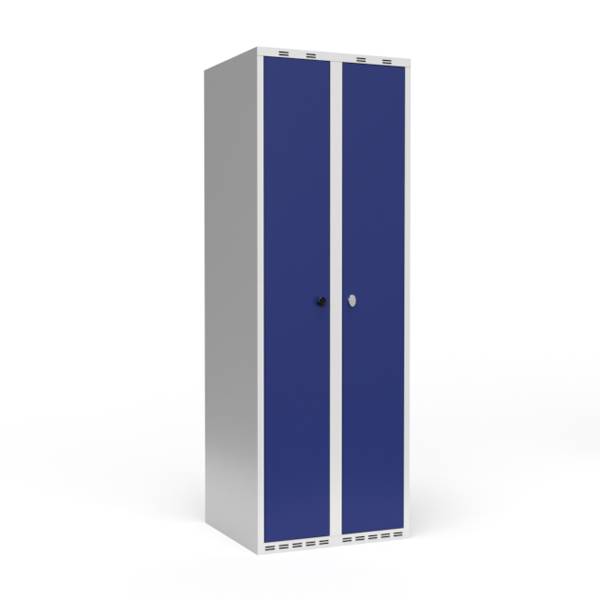 Garderobeskab 2x300mm, lige tag, d&oslash;re i bl&aring;, greb til h&aelig;ngel&aring;s