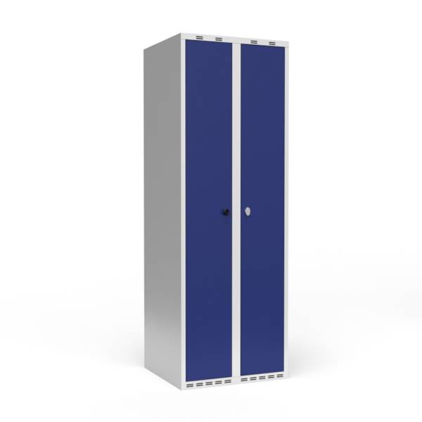 Garderobeskab 2x300mm, lige tag, d&oslash;re i bl&aring;, greb til h&aelig;ngel&aring;s