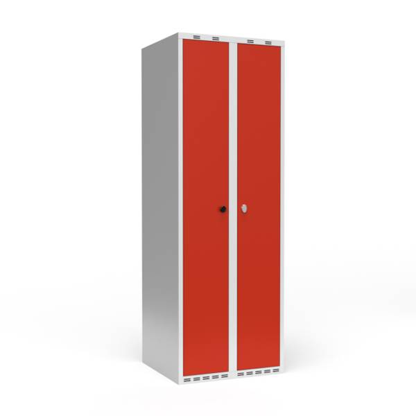 Garderobeskab 2x300mm, lige tag, døre i rød, greb til hængelås
