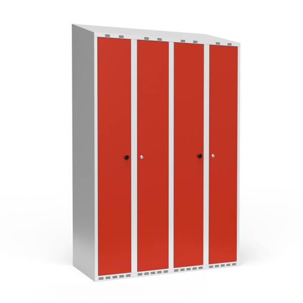 Garderobeskab 4x300mm, skr&aring;t tag, d&oslash;re i r&oslash;d med greb til h&aelig;ngel&aring;s