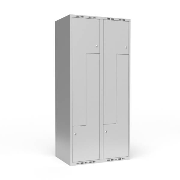 Garderobeskab 2x400mm med lige tag, 2 delt Z-d&oslash;re i lys gr&aring; med cylinderl&aring;se