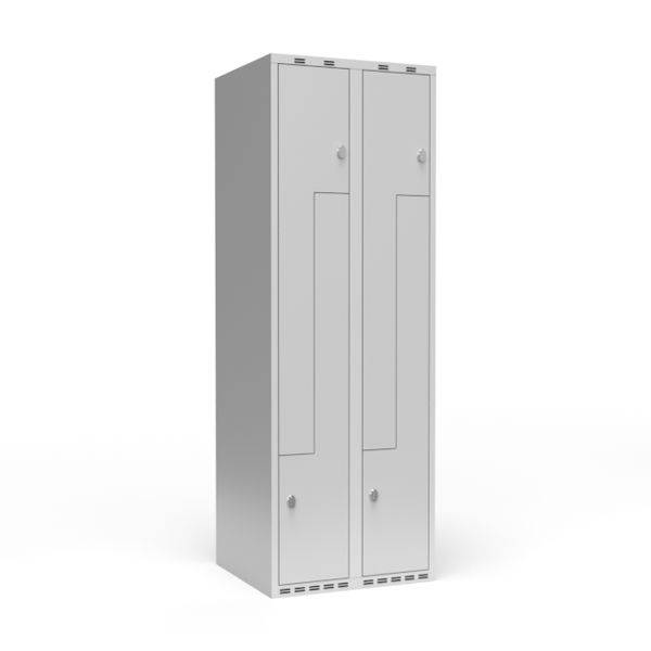 Garderobeskab 2x300mm med lige tag, 2 delt Z-d&oslash;re i lys gr&aring; med greb til h&aelig;ngel&aring;se