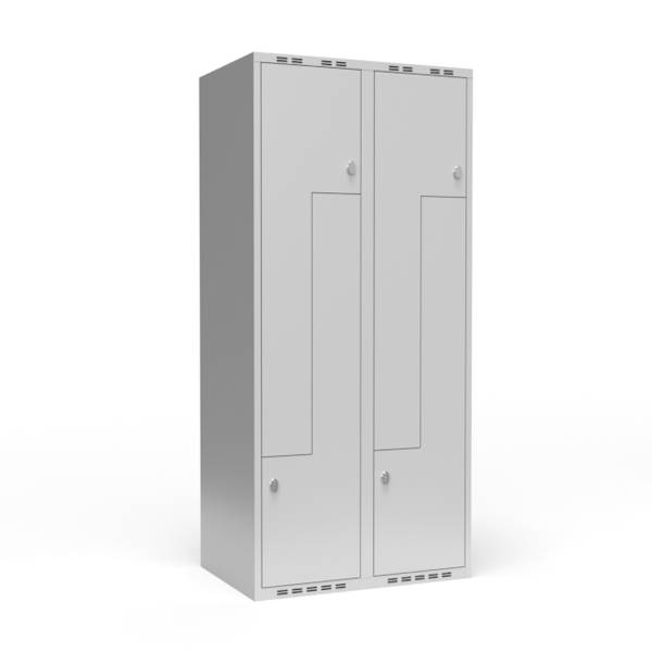 Garderobeskab 2x400mm med lige tag, 2 delt Z-d&oslash;re i lys gr&aring; med greb til h&aelig;ngel&aring;se