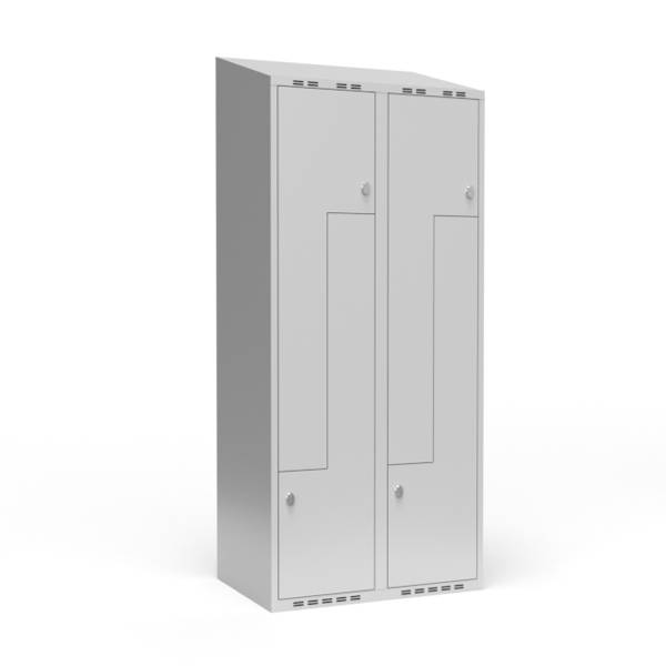 Garderobeskab 2x400mm med skr&aring;t tag, 2 delt Z-d&oslash;re i lys gr&aring; med greb til h&aelig;ngel&aring;se