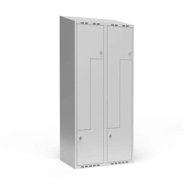 Garderobeskab 2x400mm med skr&aring;t tag, 2 delt Z-d&oslash;re i lys gr&aring; med greb til h&aelig;ngel&aring;se