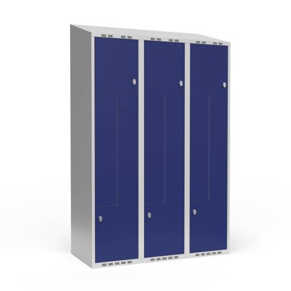 Garderobeskab 3x400mm med skr&aring;t tag,  2 delt Z-d&oslash;re i bl&aring; med greb for h&aelig;ngel&aring;se