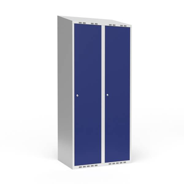 Garderobeskab 2x400mm med skr&aring;t tag, d&oslash;re i bl&aring; med cylinderl&aring;se