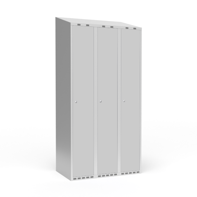 Garderobeskab 3x300mm med skr&aring;t tag, 1 rum i h&oslash;jden med lys gr&aring; d&oslash;re og cylinderl&aring;se
