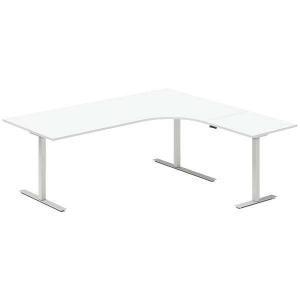Office hæve-sænkebord 200x180cm i hvid med alugråt stel højrevendt