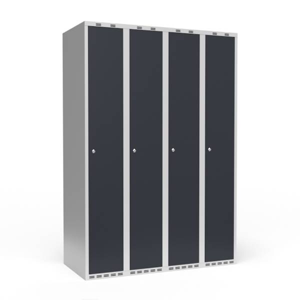 Garderobeskab 4x300mm med lige tag, døre i antracit med cylinderlåse