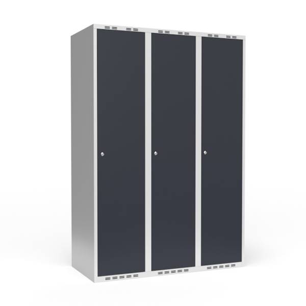Garderobeskab 3x400mm med lige tag, 1 rum i højden med antracit døre og cylinderlåse