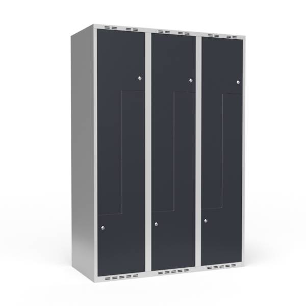Garderobeskab 3x400mm med lige tag, 2 delt Z-døre i antracit med cylinderlåse