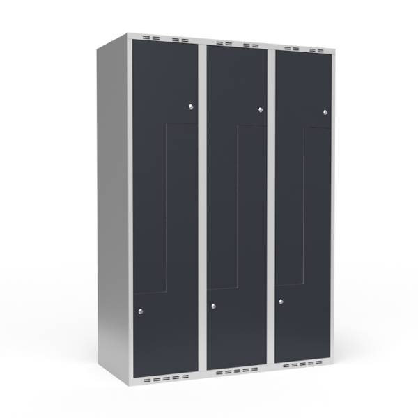 Garderobeskab 3x400mm med lige tag, 2 delt Z-d&oslash;re i antracit med cylinderl&aring;se