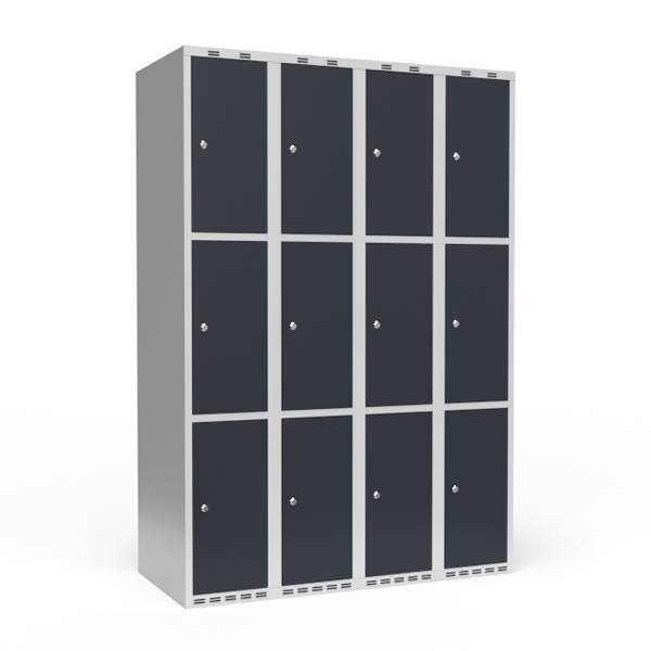 Garderobeskab 4x300mm med lige tag, 3 rum i højden med antracit døre og cylinderlåse