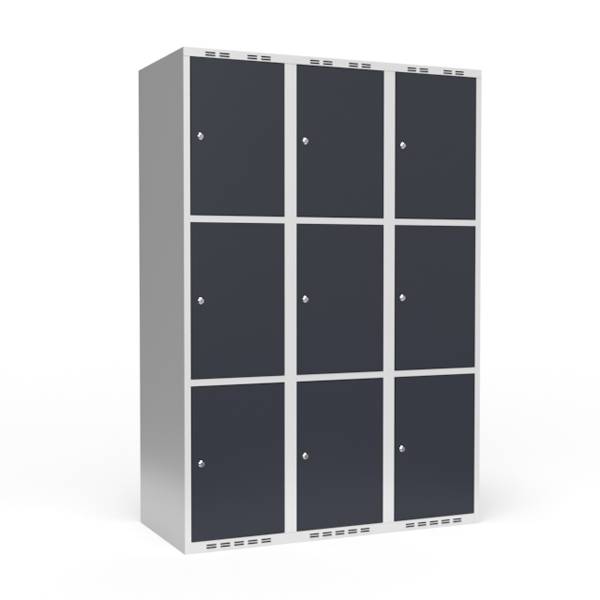Garderobeskab 3x400mm med lige tag, 3 rum i højden med antracit døre og cylinderlåse