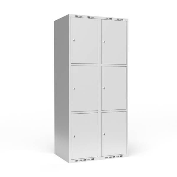 Garderobeskab 2x400mm med lige tag, 3 rum i højden med lys grå døre og cylinderlåse