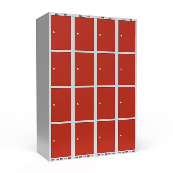 Garderobeskab 4-delt med cylinderl&aring;s 4x300mm r&oslash;d d&oslash;r