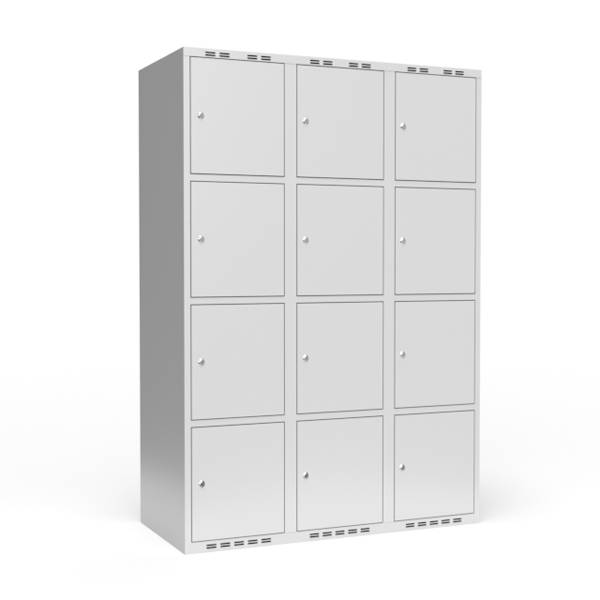 Garderobeskab 3x400mm med lige tag, 4 rum i højden med lys grå døre og cylinderlåse