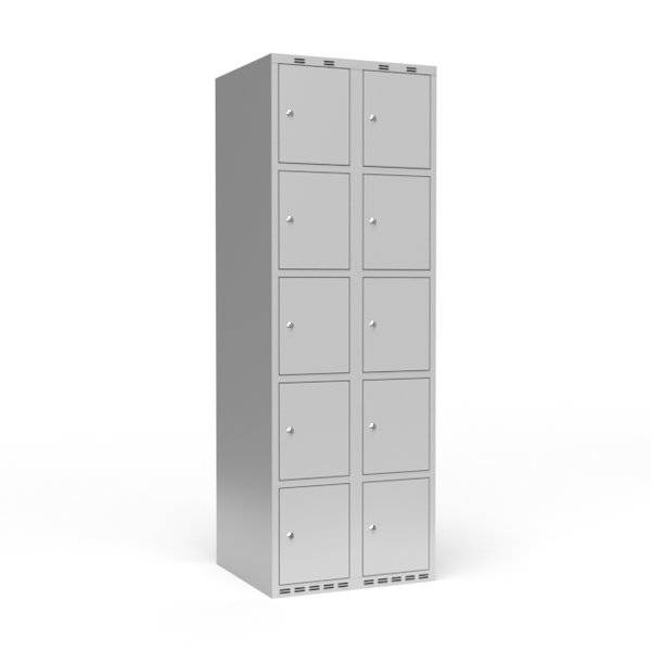 Garderobeskab 2x300mm med lige tag, 5 rum i h&oslash;jden med lys gr&aring; d&oslash;re og cylinderl&aring;se 