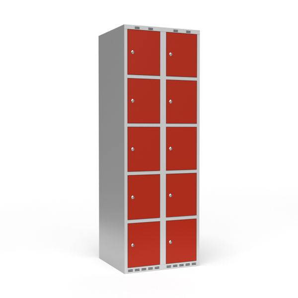 Garderobeskab 2x300mm med lige tag, 5 rum i h&oslash;jden med r&oslash;de d&oslash;re og cylinderl&aring;se