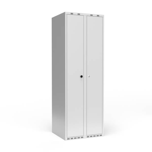 Garderobeskab 2x300mm, lige tag, d&oslash;re i lys gr&aring; med cylinderl&aring;s
