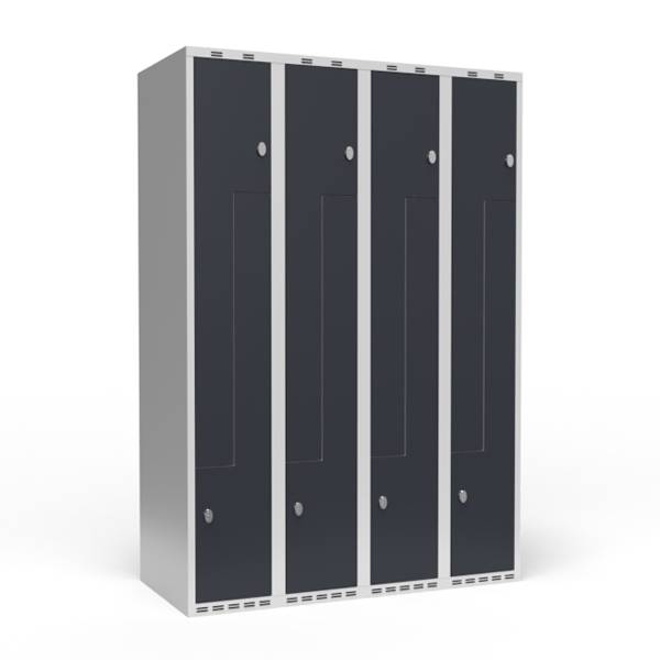 Garderobeskab 4x300mm med lige tag, 2 delt Z-d&oslash;re i antracit med greb for h&aelig;ngel&aring;se