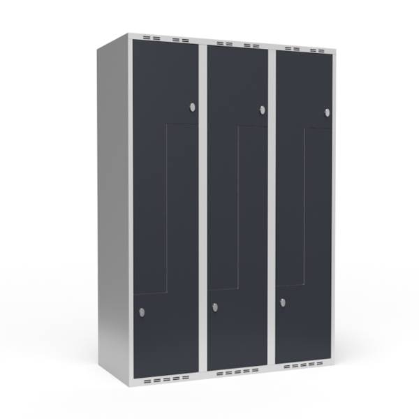 Garderobeskab 3x400mm med lige tag, 2 delt Z-døre i antracit med greb for hængelåse