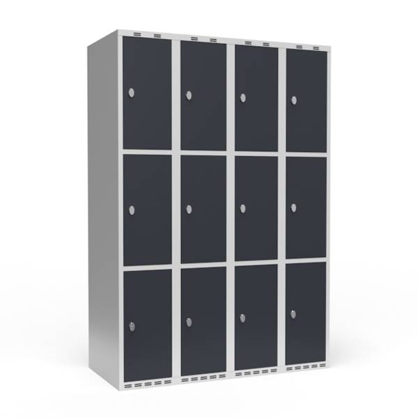 Garderobeskab 4x300mm med lige tag, 3 rum i højden med antracit døre og greb til hængelåse